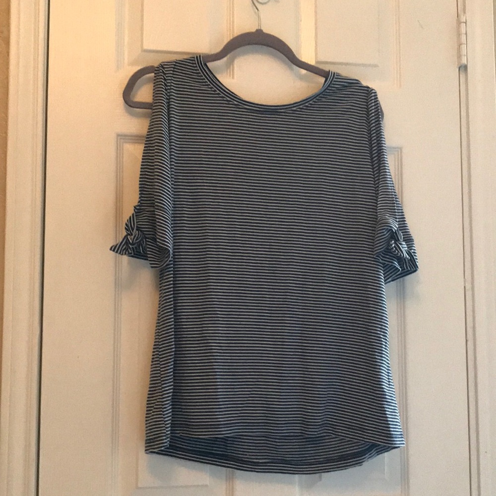 blue and white stripped shirt, sleeve cut outs